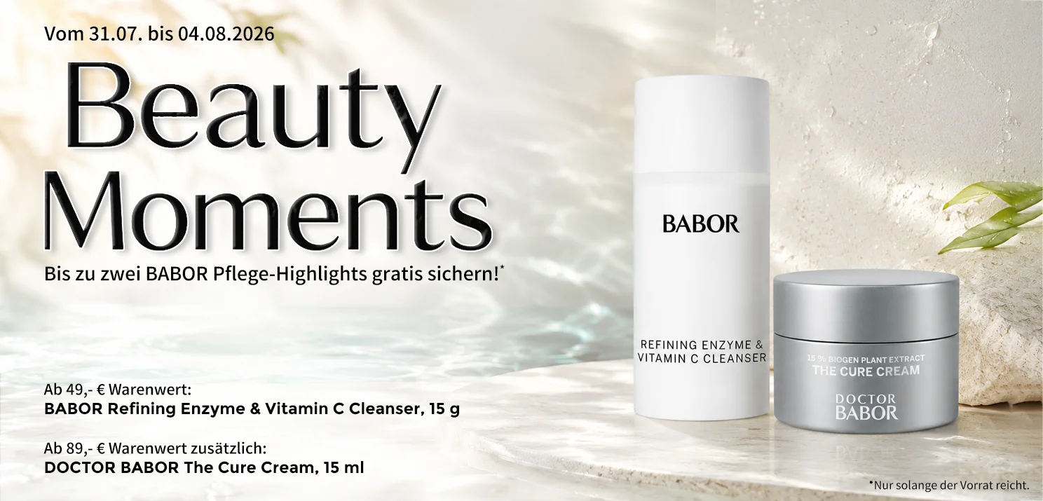 Beauty Moments: Bis zu 2 Beigaben gratis - Vom 31.07. bis 04.08.2026 hochwertige BABOR Pflege-Highlights ab 49 Euro Warenwert sichern.
