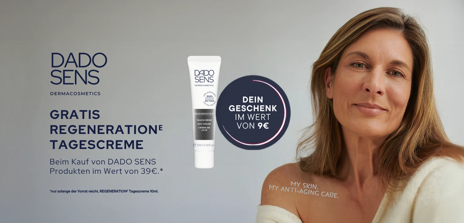 DADO SENS Aktion: Gratis REGENERATION E Tagescreme 10 ml im Wert von 9 € beim Kauf von DADO SENS Produkten ab 39 € Einkaufswert. Nur solange der Vorrat reicht
